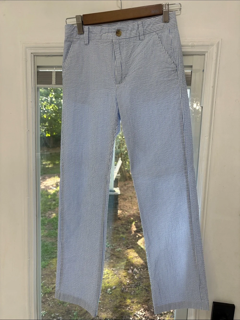 Light Blue & White Seersucker Straight-Leg Pants